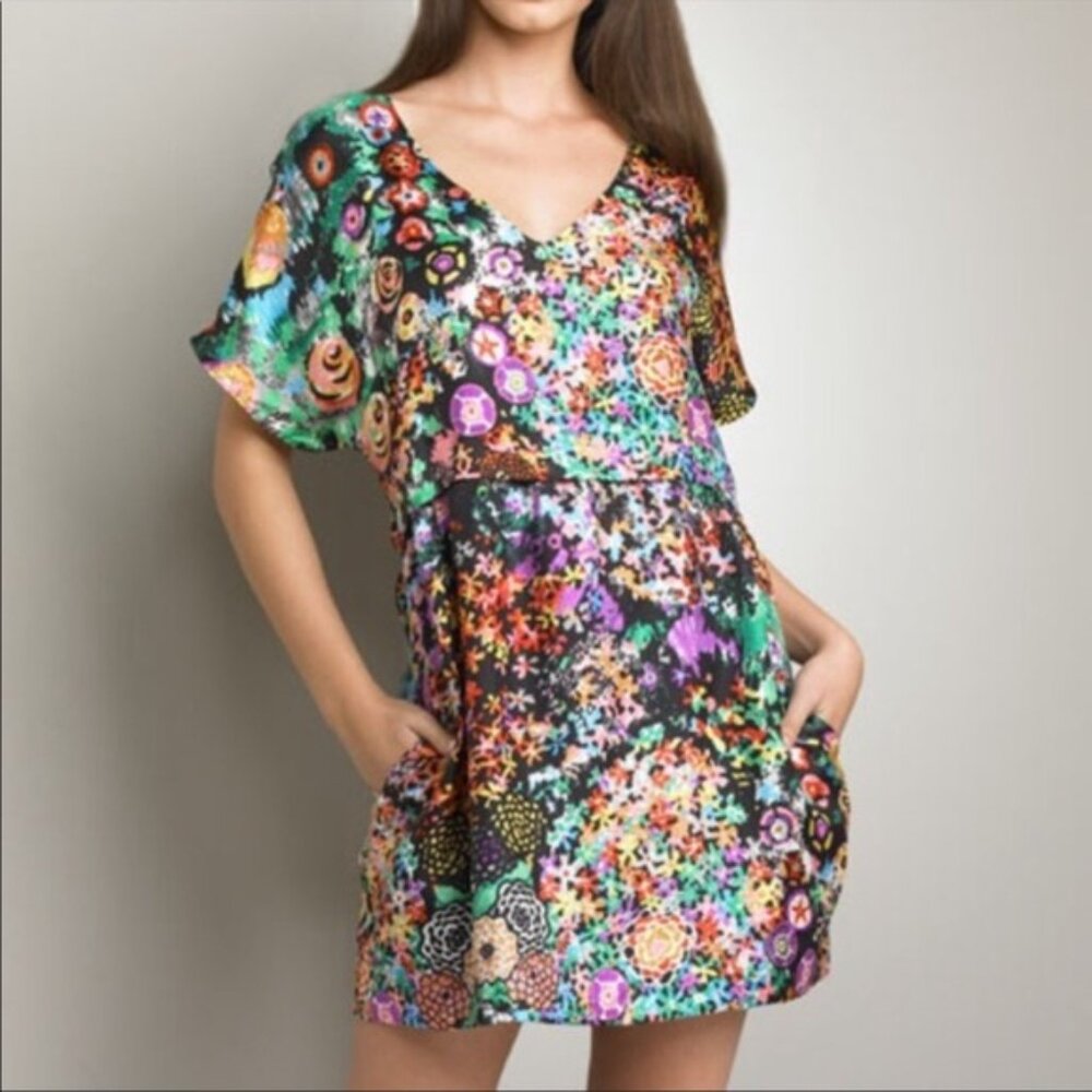 See By Chloe Silk Loose Fit Floral Blue and Orange Mini Dress sz 4 EUC